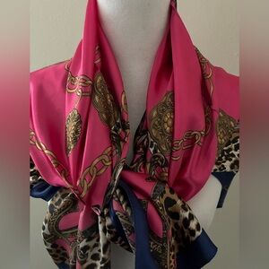 Mosi Vibrant Scarf Hot Pink Baroque Animal Print Navy Trim 34” Square Vintage